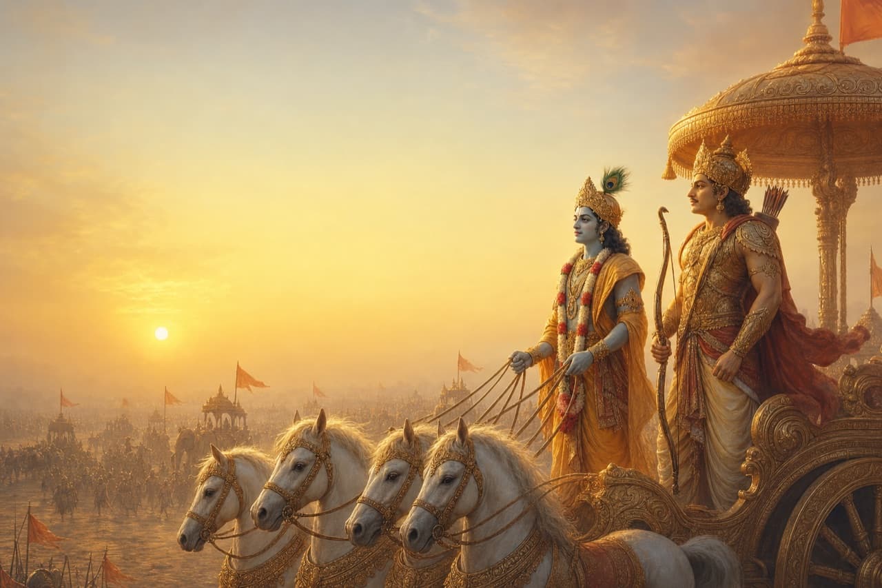Lord Krishna and Arjuna on the chariot at sunrise on the field of Kurukshetra